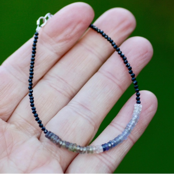 Natural Black Spinel, Green, Purple Sapphire Bracelet Handcrafted 14k White Gold - Picture 9 of 9